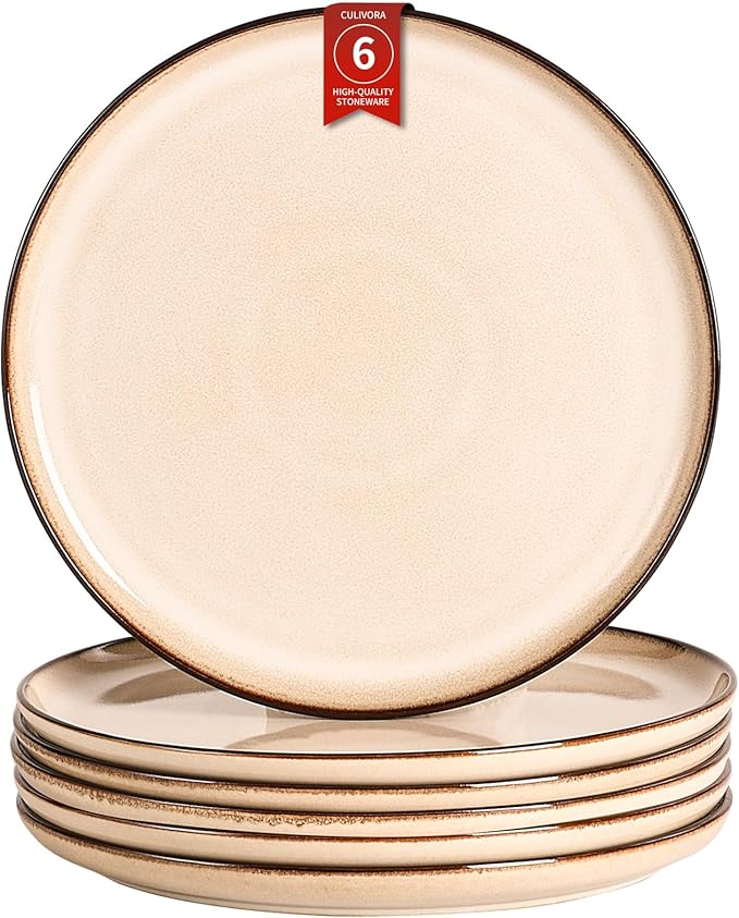 Ceramic Salad Dessert Plates Set: 8 inch Porcelain Reactive Glaze Plates Set, Mordern Stoneware Kitchen Dinnerware Dishes Set, Microwave & Dishwasher Safe, Scratch Resistant, Set of 6 (Beige)
