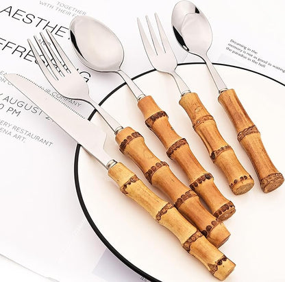 8pcs Dinner Fork, Stainless Steel and Natural Bamboo Cutlery Table Fork, Resuable Mirror Polish, Elegant and Exquisite Salad Fork, 8.07-inch, Silver