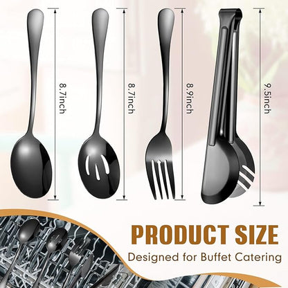 Patelai 15 Pcs Black Stainless Steel Serving Utensils Set 8.7" Large Spoons and Slotted Spoon 9.45" Tong 9" Forks Flatware Wedding Valentine's Day Holiday Party Buffet Banquet Cooking Kitchen Catering
