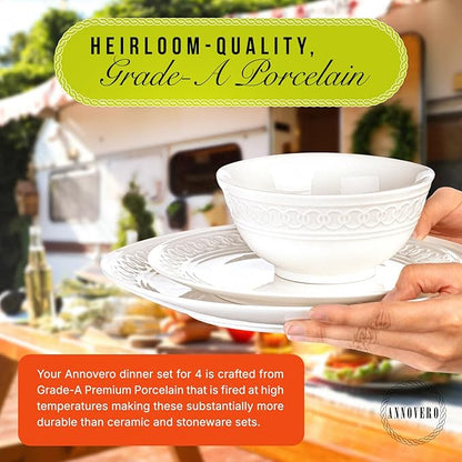 Annovero Plates and Bowls Sets - Dishes Set for 4 - Microwave Safe - 12 Piece Porcelain Dinnerware for Kitchen - Includes 4 Dinner & 4 Appetizer Plates, 4 Cereal Bowls - Zero Lead & Cadmium