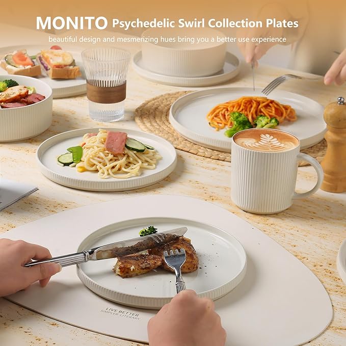 MONITO Ceramic Dinnerware 16 Pieces Dinner Set,Plates Pasta Bowls Cereal Bowls Reactive Change Glaze Dish Sets, Modern Stoneware Dishes,Gift, Creamy white