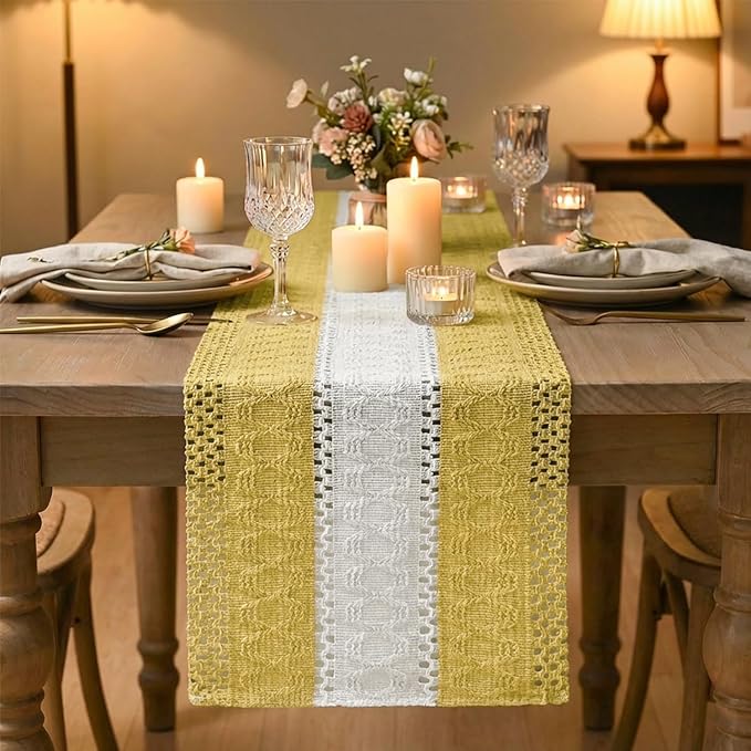 Artoid Mode Yellow Farmhouse Rustic Table Runner, Seasonal Hollow Kitchen Dining Table Decoration for Home Party Decor 12x36 Inch