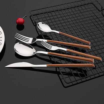 JASHII 30-Piece/6 Sets Wood Flatware Set, Premium Shiny Silver Stainless Steel Cutlery Set, Wooden Square Handle Flatware Dinner Knife Fork Spoon Set, Mirror Polished