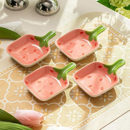 esowemsn 4PCS Pink Fruit Pattern Sauce Dish Ceramic Strawberry Pattern Appetizer Serving Plate with Handle Cute Sushi Dipping Bowl for Home Kitchen Restaurant Oil,Vinegar,Ketchup,Salt,Sushi Appetizer