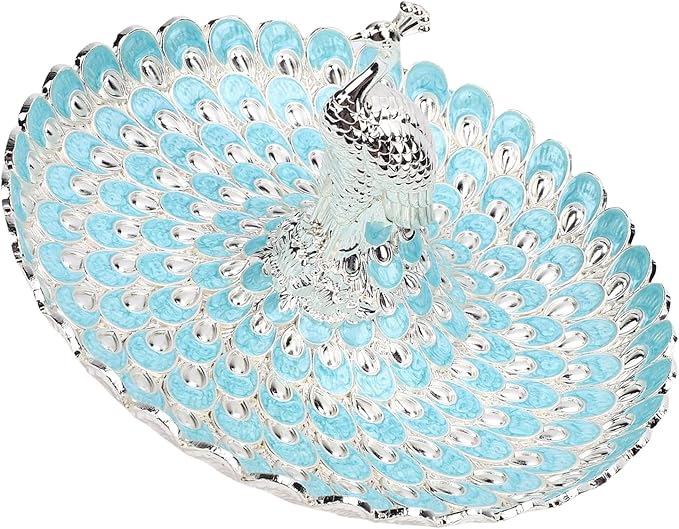 Peacock Shape Fruits Serving Tray, Zinc Alloy Fruits Storage Dish Trinket Decorative Plate with Detachable Peacock, for Vegetables, Snacks, Bread, Candy (Silver Light Blue)