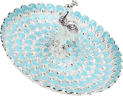Peacock Shape Fruits Serving Tray, Zinc Alloy Fruits Storage Dish Trinket Decorative Plate with Detachable Peacock, for Vegetables, Snacks, Bread, Candy (Silver Light Blue)