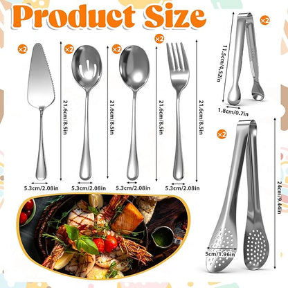 12 PCS Serving Utensils Set for Party Premium Stainless Steel Serving Utensils Large Servings Spoons, Forks, Tongs, Pie Server, for Buffet, Catering, Entertaining, Silver