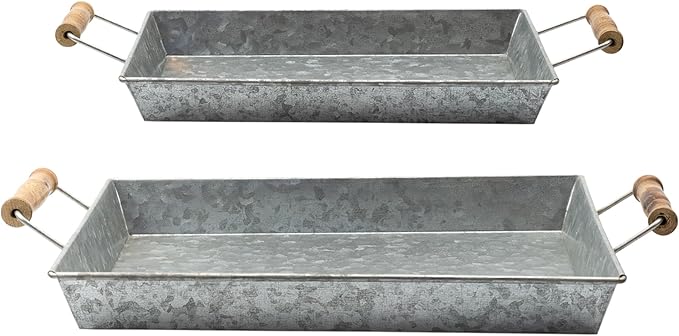 AuldHome Design Galvanized Farmhouse Trays (Set of 2, Small & Medium); Farmhouse Decor Rectangular Trays w/Handles