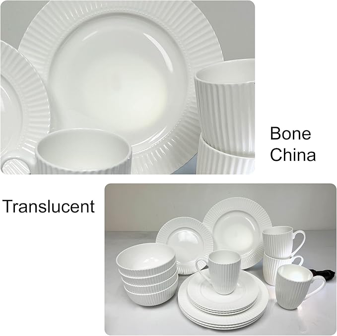 Dinnerware, 16 Piece Set Bone China, Service for 4, White Embossed stripe Dishes, Microwave Safe, Chip Resistant, Dishware, For Formal Casual and Everyday Living, Plates and Bowls Set