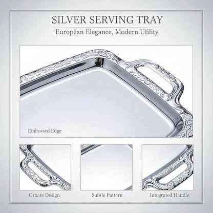 16.1 in Silver Serving Tray, European Style Stainless Steel, with Handles, Metal Ottoman Tray for Coffee Table and Parties, Decorative Food Serveware