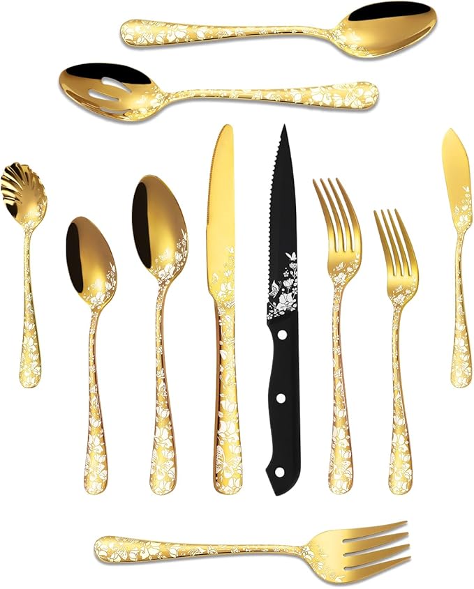 Stapava 53-Piece Gold Silverware Set with Serving Utensils, Stainless Steel Gold Flatware Cutlery Set, Mirror Eating Utensils Tableware with Butterfly Flower Laser, Dishwasher Safe