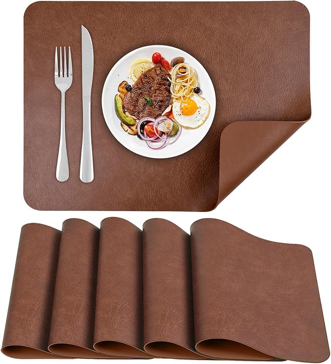 Faux Leather Placemats Set of 6, Vinyl Placemats Wipeable Waterproof Oil-Proof Table Mats, Heat Resistant Place Mats, Table Mats for Kitchen Indoor Outdoor, 15.8 x 11.8 Inch (Brown)