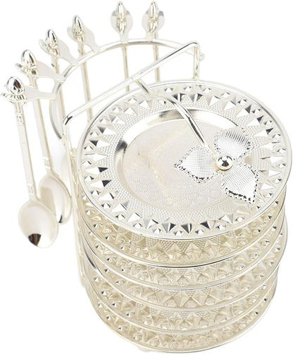Keenso European Style Metal Plate Set, Zinc Alloy Elegant Cake Serving Tray with Spoon for Fruits Pasta Snacks Parties (Silver)
