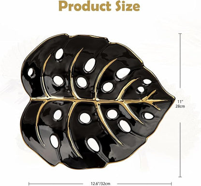 Ceramic Leaf Shaped Decorative Tray, Black Gold Monstera Leaf Plate 12.6"x11" for Jewelry, Keys, Snack, Candle Holder, Modern Table Centerpiece Home Decor