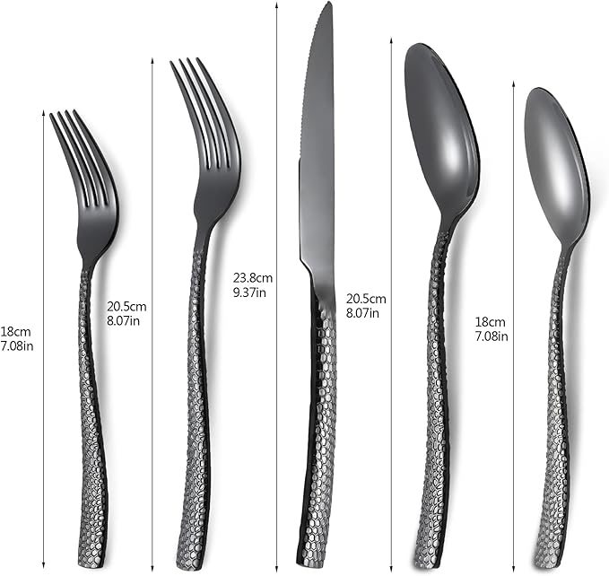 20-Piece Black Silverware Set, Heavy Duty Hammered 18/10 Stainless Steel Flatware for 4, Food-Grade Cutlery Including Fork Knife Spoon, Dishwasher Safe Tableware