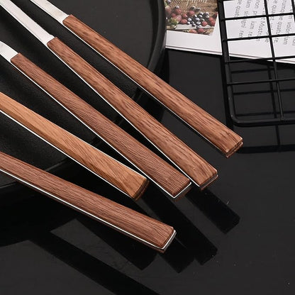 JASHII 24pcs Reusable Flatware Silverware Set, Silver Stainless Steel Knife Fork Spoon Chopstick Straw Set with Square Wooden Handle,Service for 4, Include 1 Brush, Dishwasher Safe.