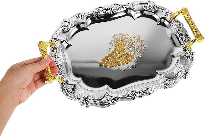 Luxshiny European Style Thickened Round Serving Tray 37x28cm Stainless Steel Food Platter with Handles Decorative Metal Serving Tray for Home, Restaurant, and Buffet Use