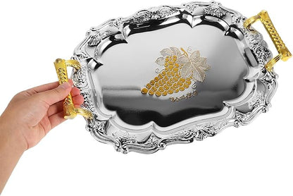 Luxshiny European Style Thickened Round Serving Tray 37x28cm Stainless Steel Food Platter with Handles Decorative Metal Serving Tray for Home, Restaurant, and Buffet Use