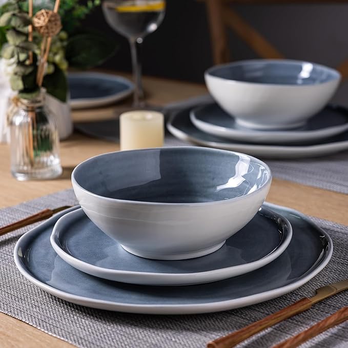 LERATIO Ceramic Dinnerware Sets for 6,Plates and Bowls Sets with Wavy Edge,Microwave & Dishwasher & Oven Safe,Light Weight & Scratch Resistant Dishes Sets-Service for 6 (18pcs)-Light Jean Blue