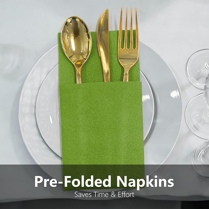 Meadow Linen Feel Napkins with Flatware Pocket, 50 Pack Cloth Like Pre-Folded Napkins for Silverware, Guest Hand Towel for Dinner Party Wedding Decoration (16. x 15.5 inch)