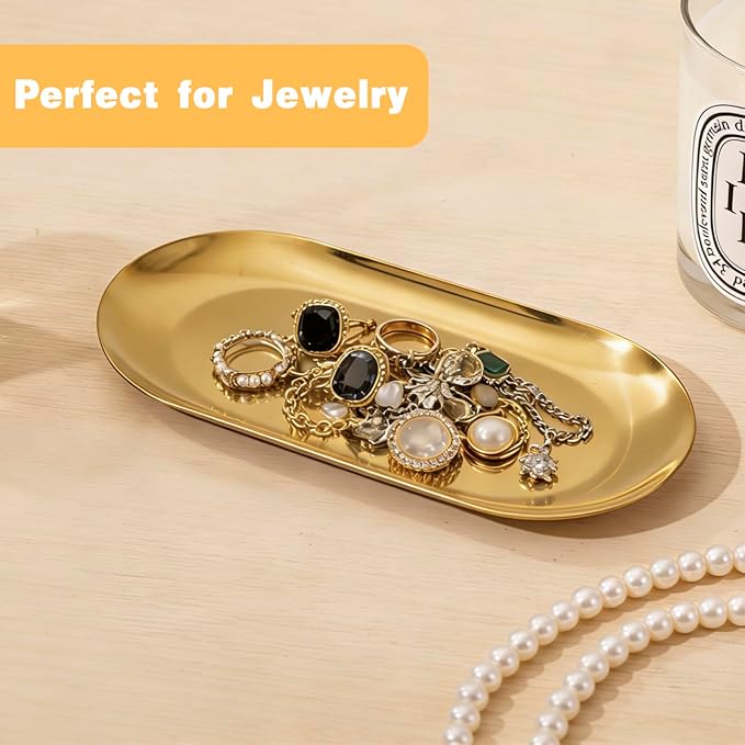 10 Pack Stainless Steel Decorative Tray,Thicken Gold Decorative Tray 7 inch,Oval Jewelry Dish Bathroom Vanity Tray Small Serving Tray Candle Holder Stainless Steel Cosmetics Tray Perfume Tray