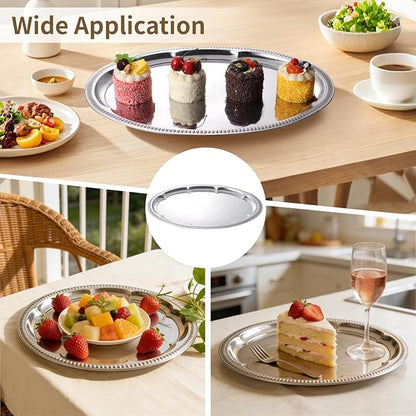 6 Pcs Large Silver Serving Tray Set, Stainless Steel Oval Floral Engraved, 15.7X11.8 in, Polished for Parties & Events