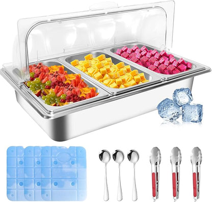 Countertop Ice Food Serving Display Tray with 3 Pan, Portable Salad Bar Buffet Station for Home, Cold Food Buffet Server, Pizza Topping Station, Cold Buffet Table Serving Station for Party