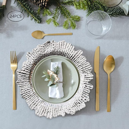 24 PCS Charger Plates Bulk, 13 Inch Floral Reef Plastic Charger Dinner Plates Round Service Plates Decorative Chargers Bulk for Table Setting Wedding Party Event(Silver)