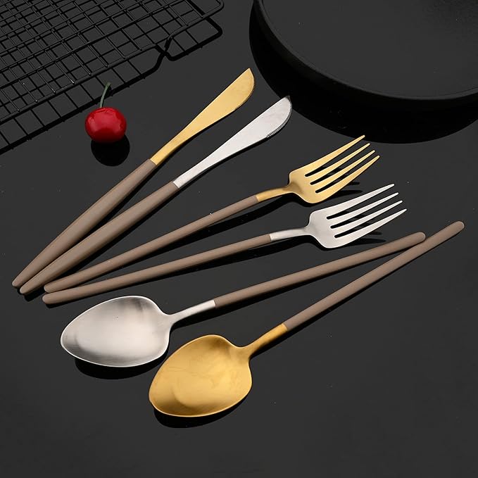 JASHII Slim Handle Silverware Set 20 Pieces, 304 Stainless Steel Colorful Flatware Set, Titanium Plating Cutlery Set, Utensil Sets for Home Dinner Service for 4, Dishwasher Safe - Brown&Gold