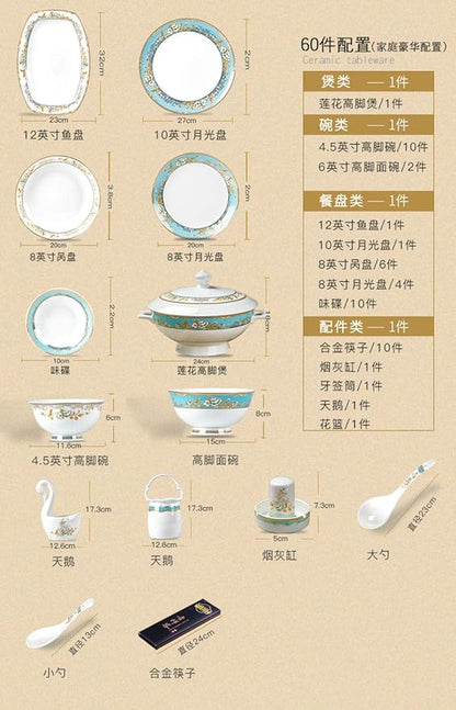 Jingdezhen Ceramic Dinnerware Set Kitchen Tableware Dinner Dish Ceramic Plates and Dishes Bowls 60pcs combination-60pcs WHITE