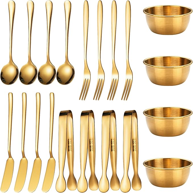 Elegant 20-Piece Charcuterie Serving Set with Gold-Plated Stainless Steel Flatware, Includes Forks, Spoons, Butter Knives, Clips, Bowls