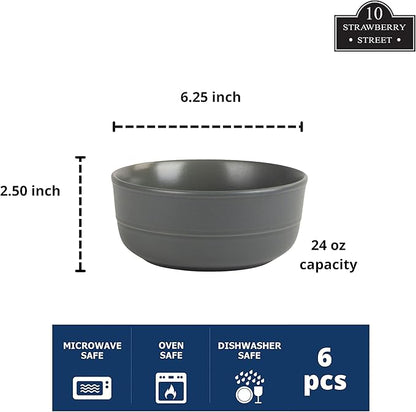 Double Line 6.25"/24 oz Cereal Bowl, Set of 6, Matte Gray