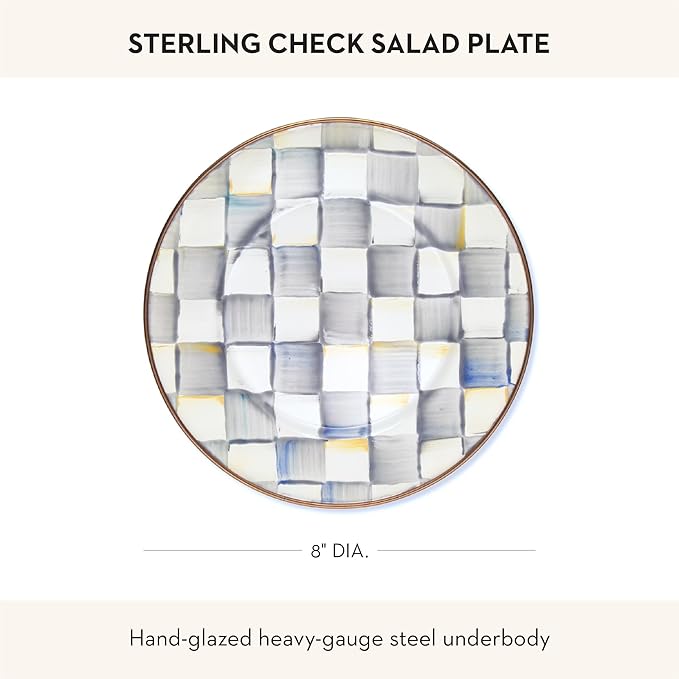 MACKENZIE-CHILDS Enamel Salad and Dessert Plate, Small Plate for a Dessert or Appetizer Dish, 8 Inches, Gray-and-White Sterling Check