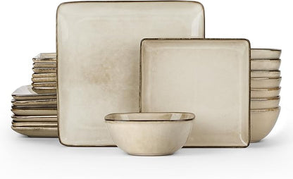 E-far Square Dinnerware Sets for 8, 24-Piece Stoneware Plates and Bowls Dishes Set, Reactive Glaze Porcelain Dishware Sets, Chip & Scratch Resistant, Microwave & Dishwasher Safe, Sandy Beige