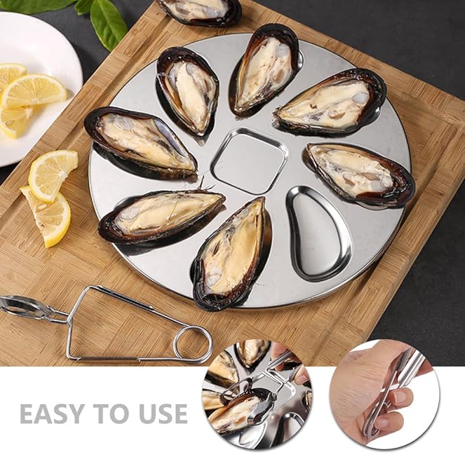 Stainless Steel Oyster Plate Set Fork and Oyster Shucker Metal Serving Tray for Seafood for Kitchen and Dining 3pcs