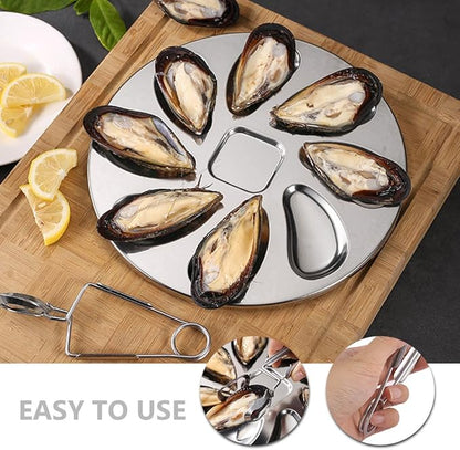 Stainless Steel Oyster Plate Set Fork and Oyster Shucker Metal Serving Tray for Seafood for Kitchen and Dining 3pcs
