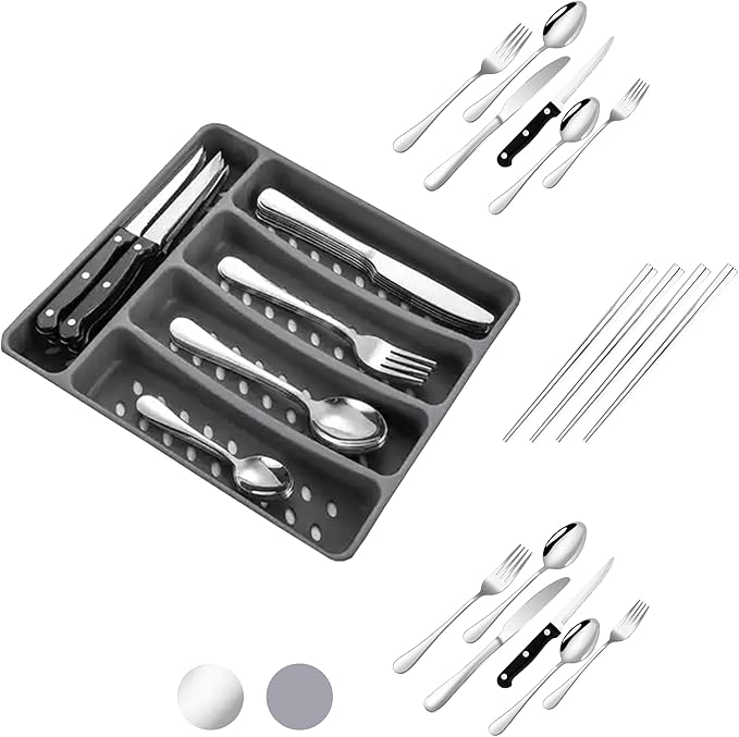 Silverware Set with Organizer and Chopsticks- 49 Pieces, Premium Stainless Steel Flatware Set, Heavy Duty Cutlery Set for 6, Dishwasher Safe Premium Kitchen Utensils, BANZOO Serving Utensils