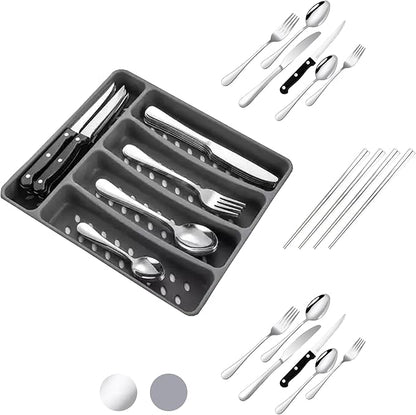 Silverware Set with Organizer and Chopsticks- 49 Pieces, Premium Stainless Steel Flatware Set, Heavy Duty Cutlery Set for 6, Dishwasher Safe Premium Kitchen Utensils, BANZOO Serving Utensils
