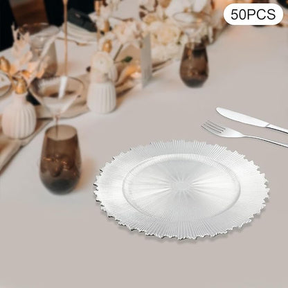 50 PCS Charger Plates Bulk, 13 Inch Plastic Round Charger Dinner Plates Jagged Edge Service Plates Decorative Chargers Bulk for Table Setting Wedding Party Event(Silver)