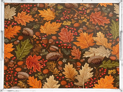 Serving Tray with Handles Clear Acrylic Tray 12x16 Inch Decorative Rectangular Tray Organizer for Ottoman Coffee Table Bathroom Brown Maple Leaves Acorns Berries Branches