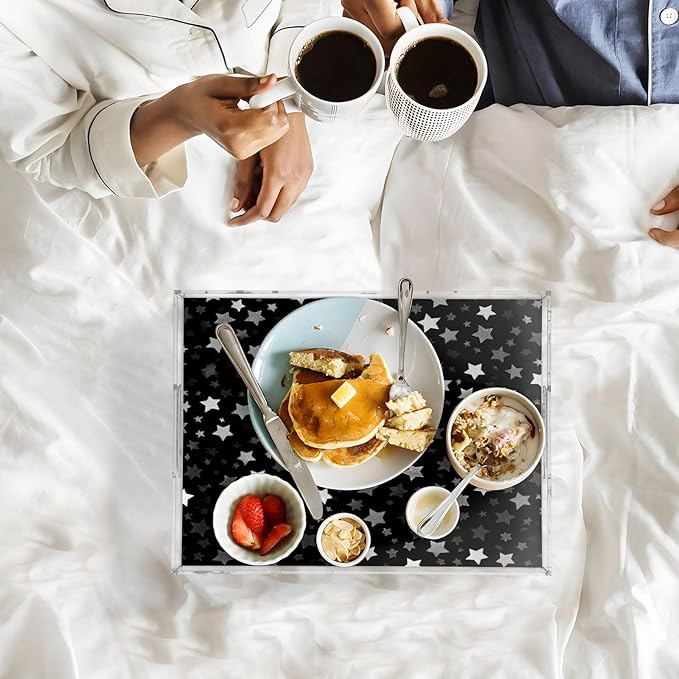 Serving Tray with Handles Clear Acrylic Tray 12x16 Inch Decorative Rectangular Tray Organizer for Ottoman Coffee Table Bathroom Cute Silver and Gray Stars