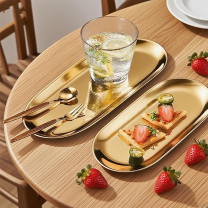 9x3.8Inch Gold Stainless Steel Decorative Tray, Oval Stainless Steel Small Serving Trays for Tea Fruit, Jewelry Plate, Decorative Storage Tray
