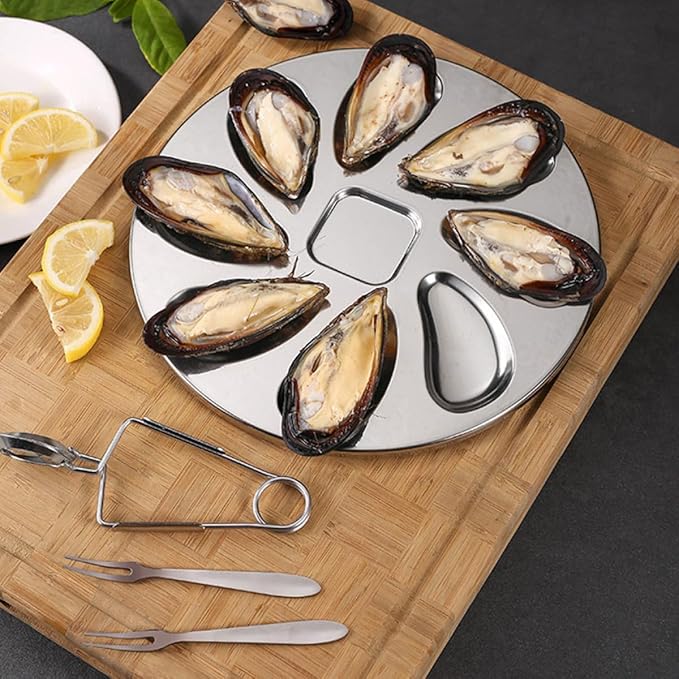Stainless Steel Oyster Plate Set Fork and Oyster Shucker Metal Serving Tray for Seafood for Kitchen and Dining 3pcs