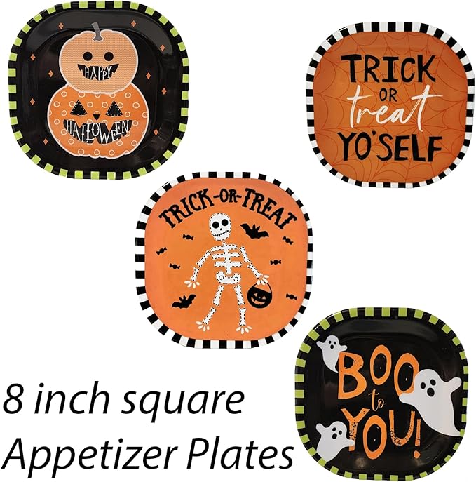 Kane Halloween 8-inch Melamine Appetizer Plates Set of 4 Skeleton Pumpkin Ghost Dessert Dinnerware