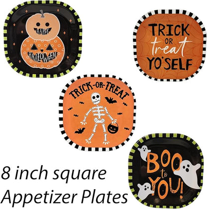 Kane Halloween 8-inch Melamine Appetizer Plates Set of 4 Skeleton Pumpkin Ghost Dessert Dinnerware
