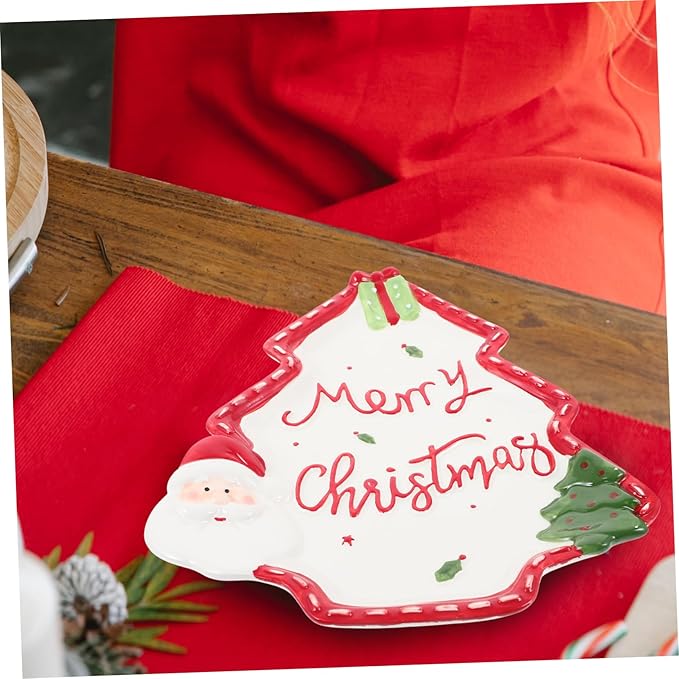 Cabilock Christmas Tree Ceramic Plate Hand-painted Santa Claus Dessert Dish for Condiments Snacks and for Festive Table Settings Medium