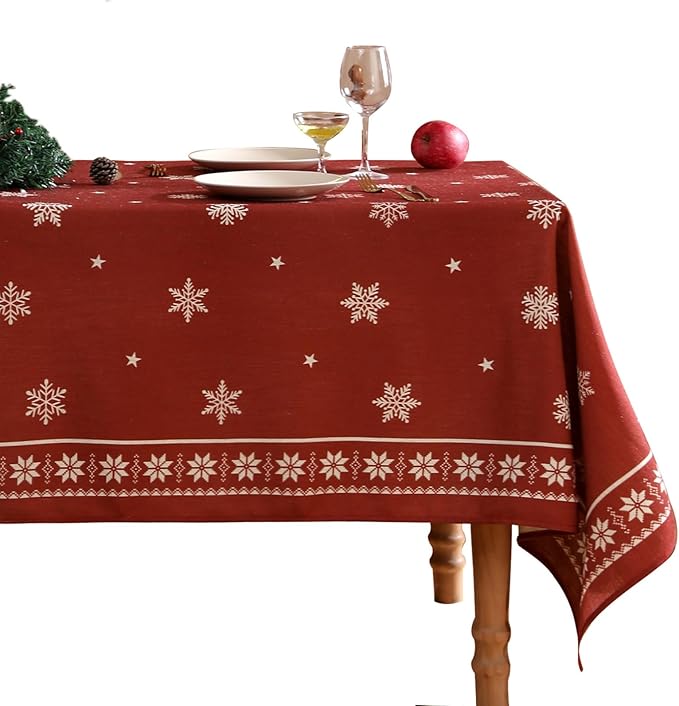 ISAENNE Designer Christmas Red Table Cloth for Rectangle Table,Linen Tablecloth with Snowflakes Pattern,Wrinkle Resistant Decor Tablecloths for Dining Kitchen Thanksgiving,55"*79"-Carol C