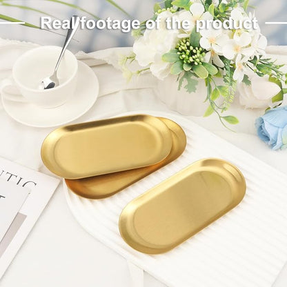 15 Pack 7 Inch Oval Stainless Steel Decorative Tray, Stainless Steel Tea Fruit Tray, 7 inch Gold Oval Trays for Bathroom Vanity, Jewelry, Perfume & Key Organizer (Gold)