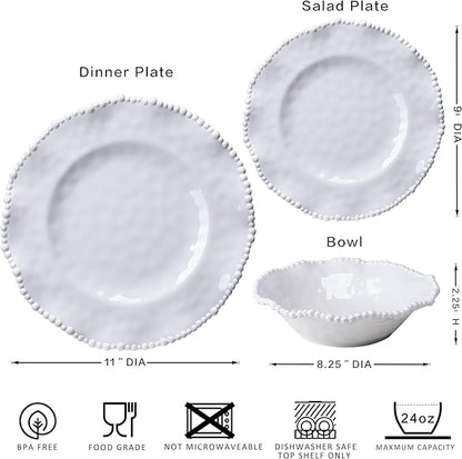Creamy Beaded Melamine Dinnerware Sets, Set of 6,18 piece Farmhouse Plates and Bowls Set, Lightweight, BPA-Free Scalloped Rim Dishes Dinner Serving Set for Indoor & Outdoor Use, off-white