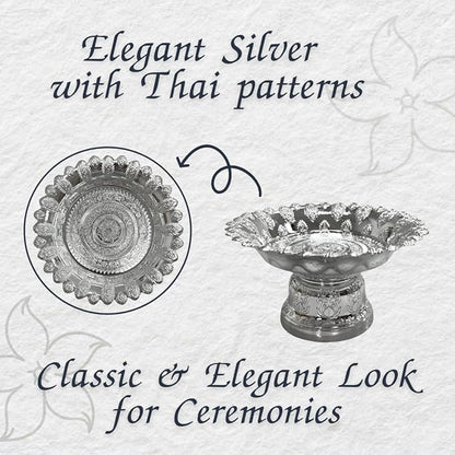 Decorative Pedestal Tray 5 Inch – Traditional Thai Offering Tray with Flora Design for Home, Temple, or Spa Display (Silver,13cm)